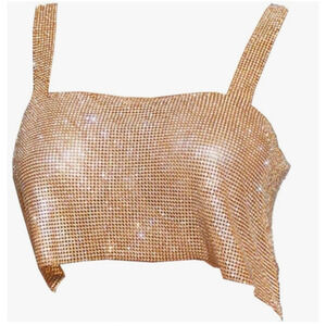 Yokawe Gold Metal Rhinestone Crystal Crop Top Sparkly Party Rave Club Wear Y2K